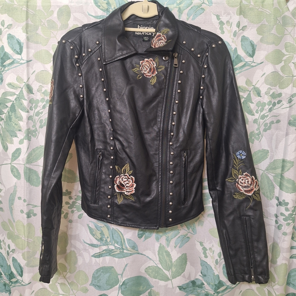 Hippie Laundry Black Faux Leather Jacket with Floral Embroidery